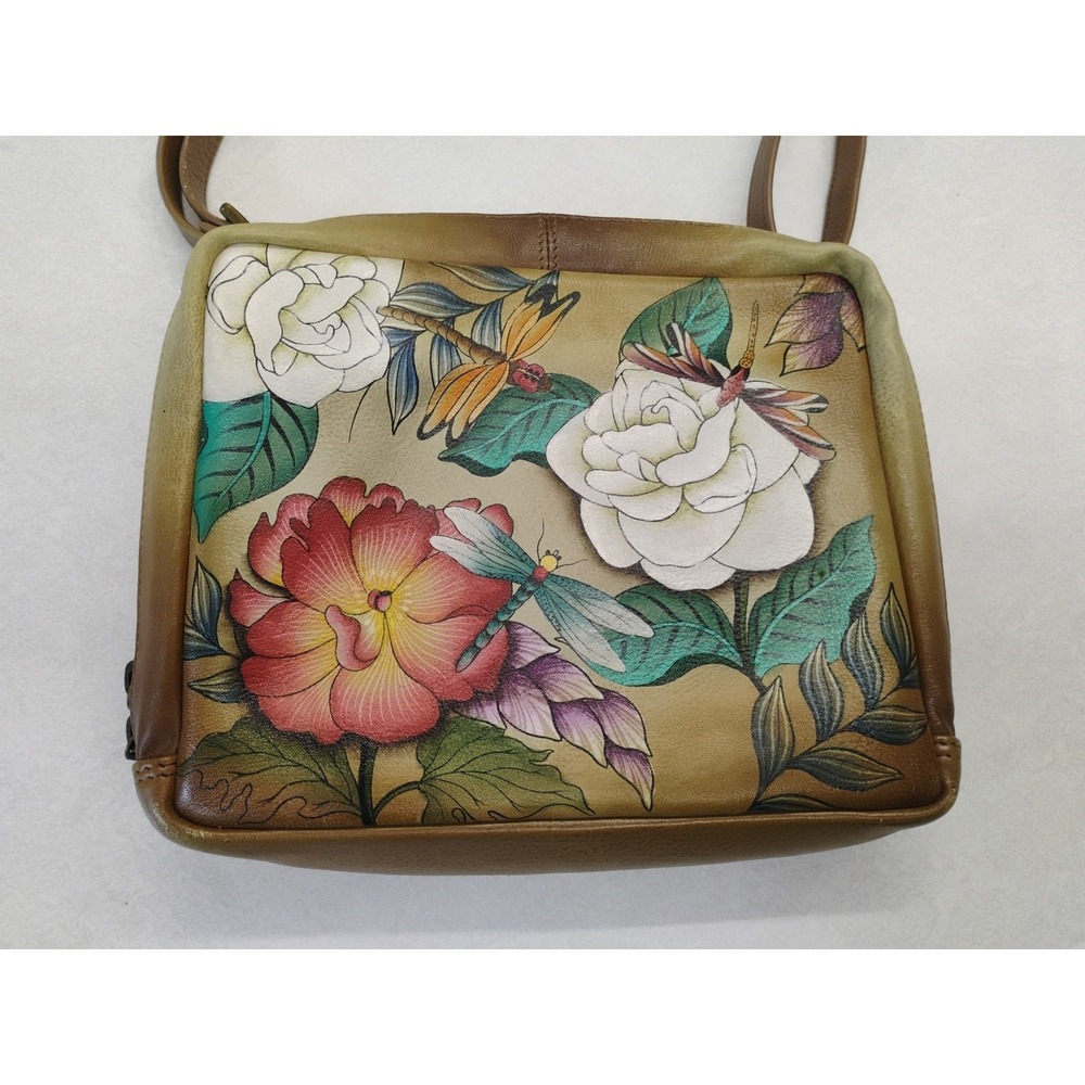 ANUSCHKA Leather Shoulder Bag Hand Painted Colorful Dragonfly & Floral Design